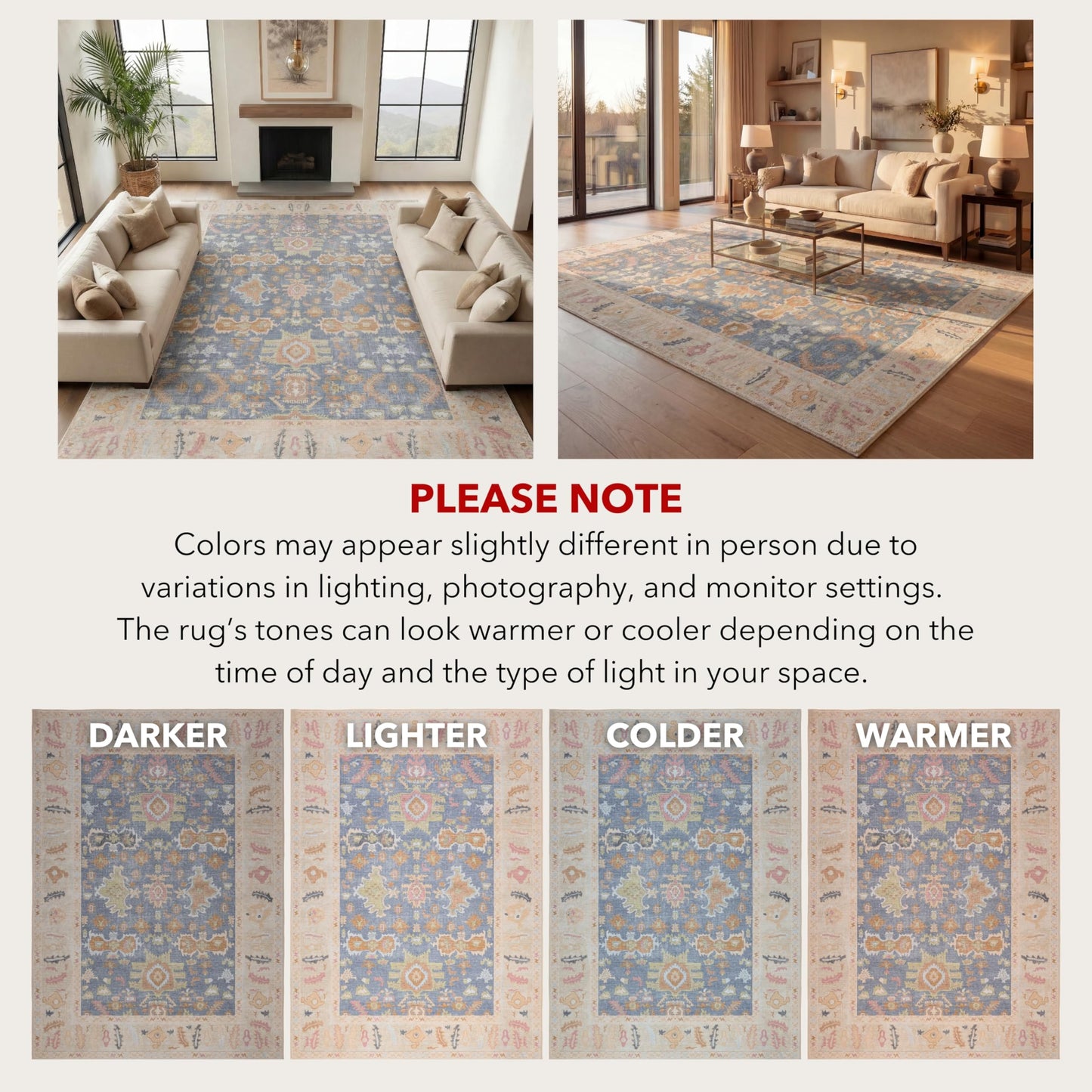 Kuden 10x14 Large Area Rug, Machine Washable Area Rug with Non-Slip Backing, Vintage Style, Soft, Easy Clean, Low Pile Rug for Living Room, Bedroom, Dining Room