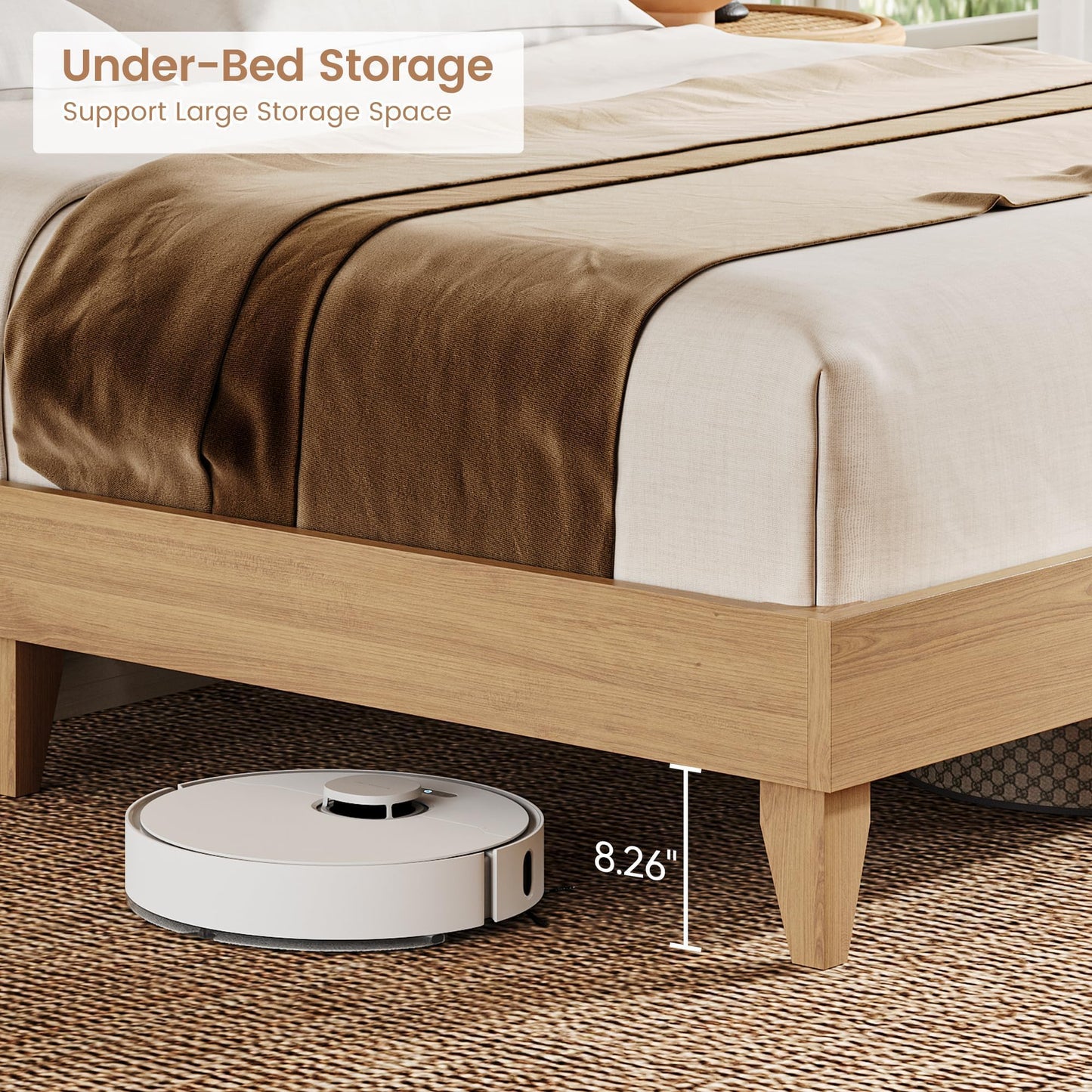 GarveeHome Queen Size Solid Wood Bed Frame with Storage Headboard, Rattan Upholstered Bookcase Headboard with Sliding Doors & Charging Station, No Bos Spring Needed