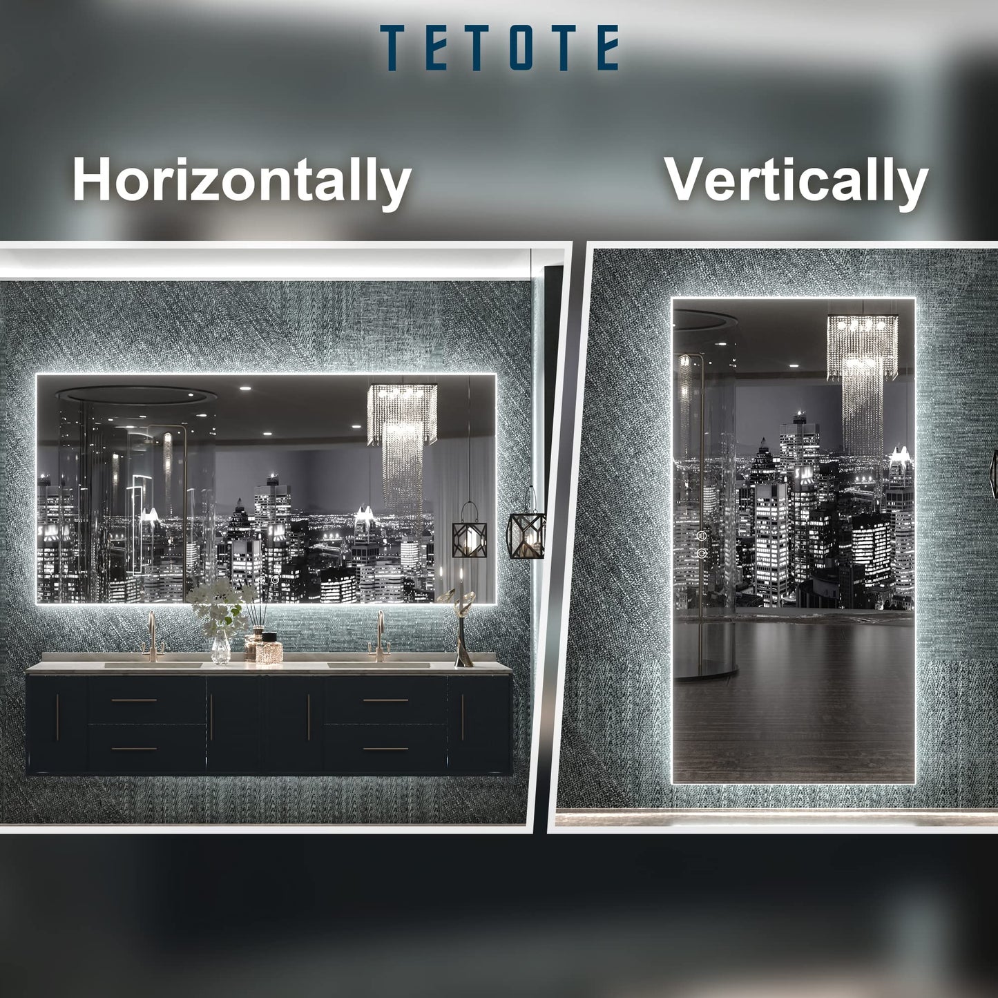 TETOTE 48 x 24 Inch LED Backlit Mirror Bathroom with Light,Anti-Fog,Dimmable,CRI90+,Makeup Vanity Mirror,Lighted Mirror(Horizontal/Vertical)