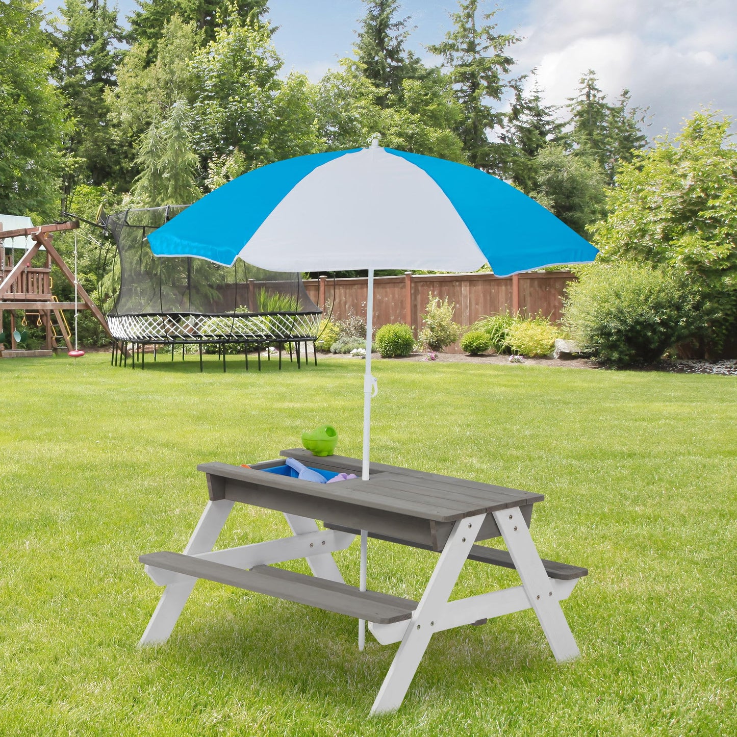 WEALTHGIRL 3-in-1 Kids Outdoor Wooden Picnic Table with Adjustable 43" Umbrella, Convertible Sand & Water Activity Center, Solid Cedar Wood Construction, Spacious Seating for Four