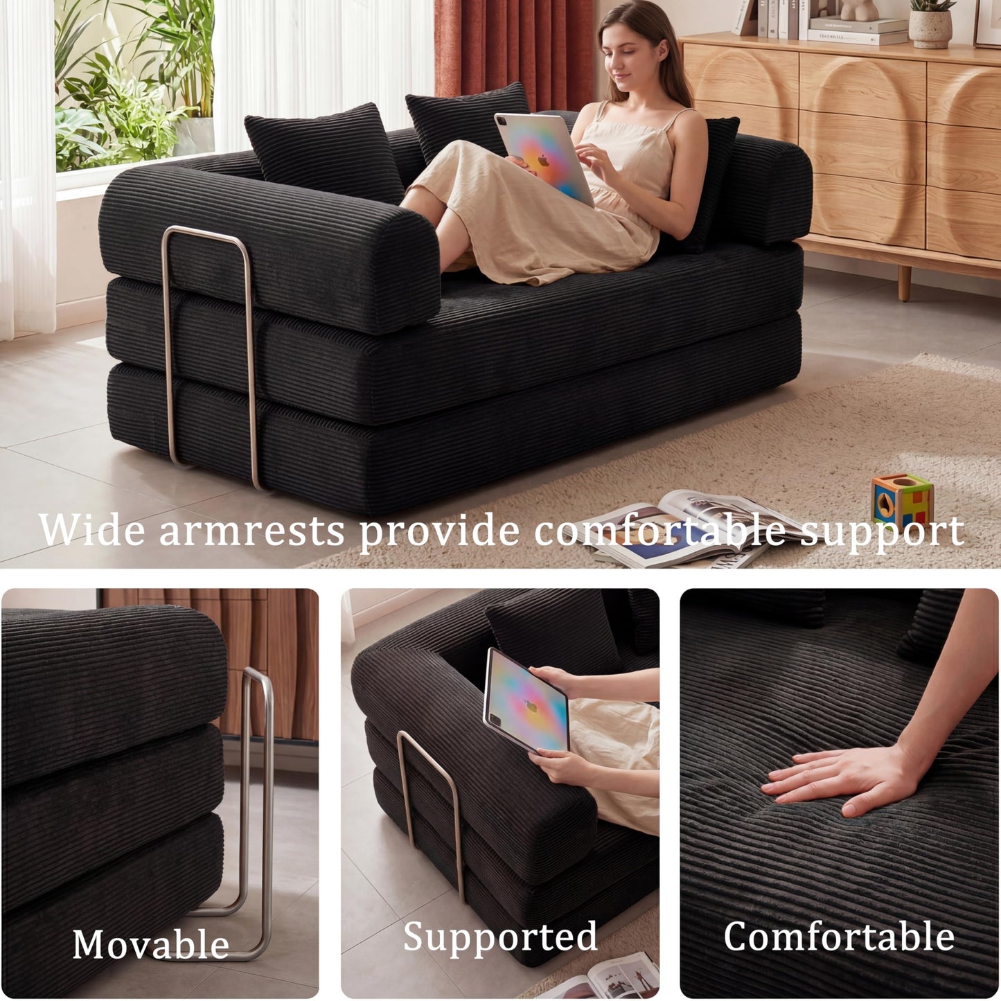 HouseMila 53.15" Boneless Couch,4-in-1 Futon Sofa Bed Modular Loveseat Sleeper Folding Compressed Couch with Pillows,No Assembly Required Convertible Sofa Bed for Living Room Bedroom Guest Room,Black