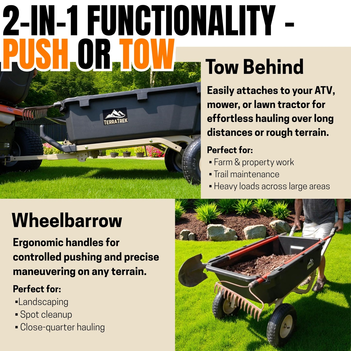 TerraTrek Heavy-Duty Garden Cart on Wheels – 7 Cu. Ft. 2-in-1 Utility Wagon & Wheelbarrow, Push or Tow Design, 600 lb. Capacity, All-Terrain Utility Cart with 13" No-Flat Wheels