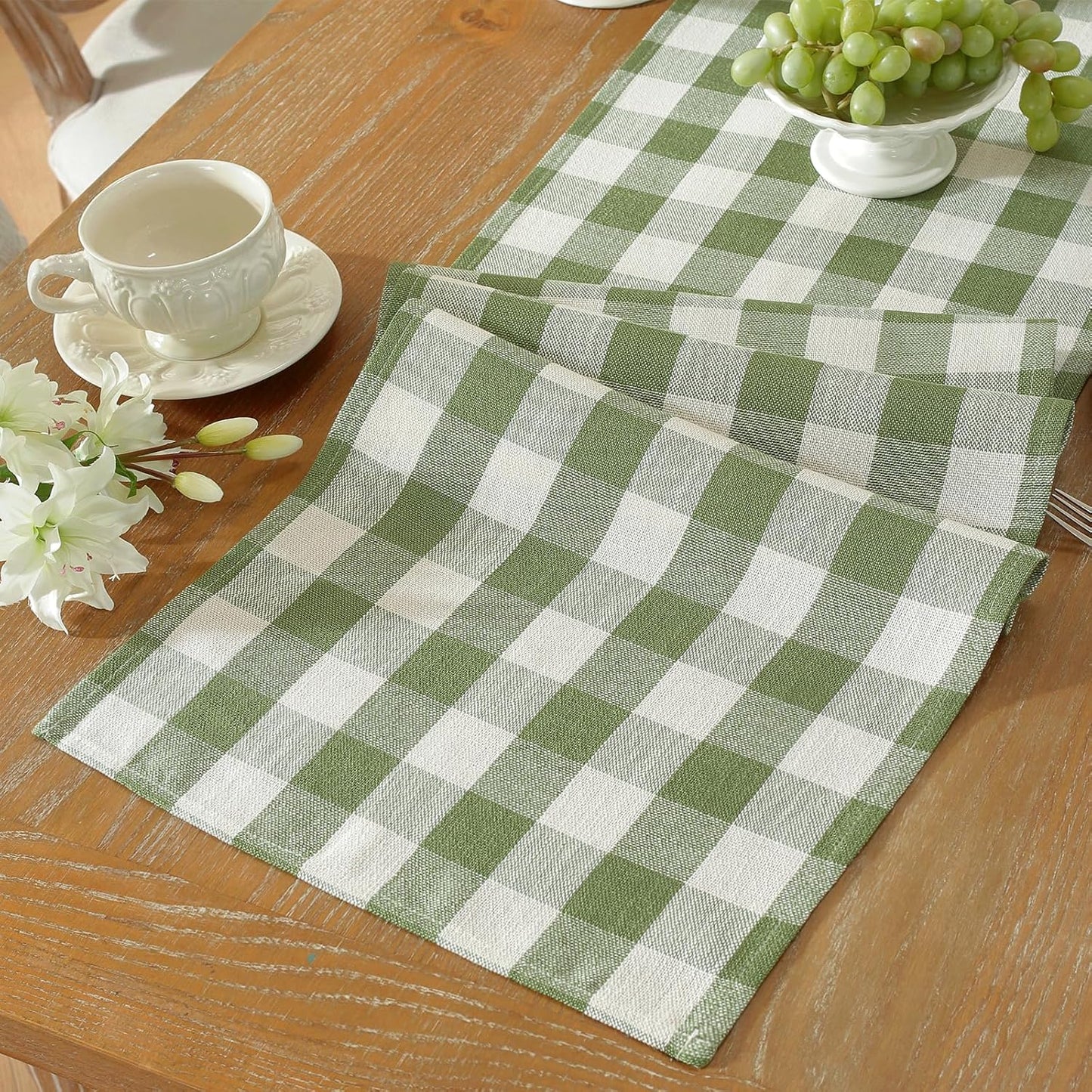 13x108 Inches Laolitou Spring Green Checkered Table Runner, Cotton Linen Gingham Table Runners, Classic Buffalo Plaid