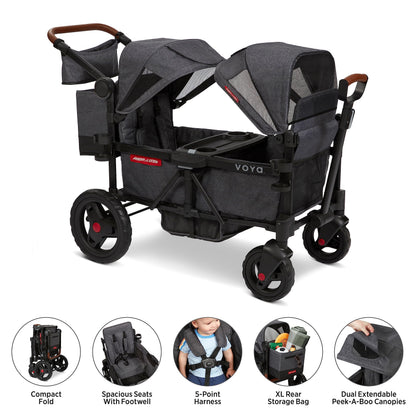 Radio Flyer Voya Stroller Wagon, for Toddlers and Kids 6+ Months, Push or Pull, 2 Seats, Dual Sun Canopies, Compact Fold, Lightweight, Storage Space, 5-Point Harnesses, Stroller Wagon for Kids