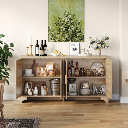 IDEALHOUSE Natural Rattan Sideboard Buffet Cabinet with Storage, Farmhouse Large Rattan Cabinet with 4 Doors, Wood Accent Coffee Bar Buffet Console Tables for Kitchen Living Room Entryway