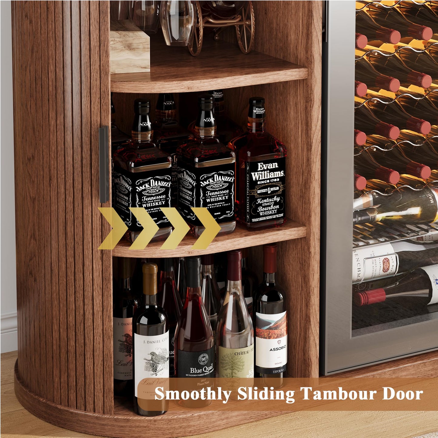 Jocoevol 53" Fluted Coffee Bar Cabinet with Sliding Doors, Wine Bar Cabinet with Charging Station & Glass Holder, Modern Liquor Whiskey Buffet Sideboard for Dining Room, Living Room, Kitchen (Walnut)