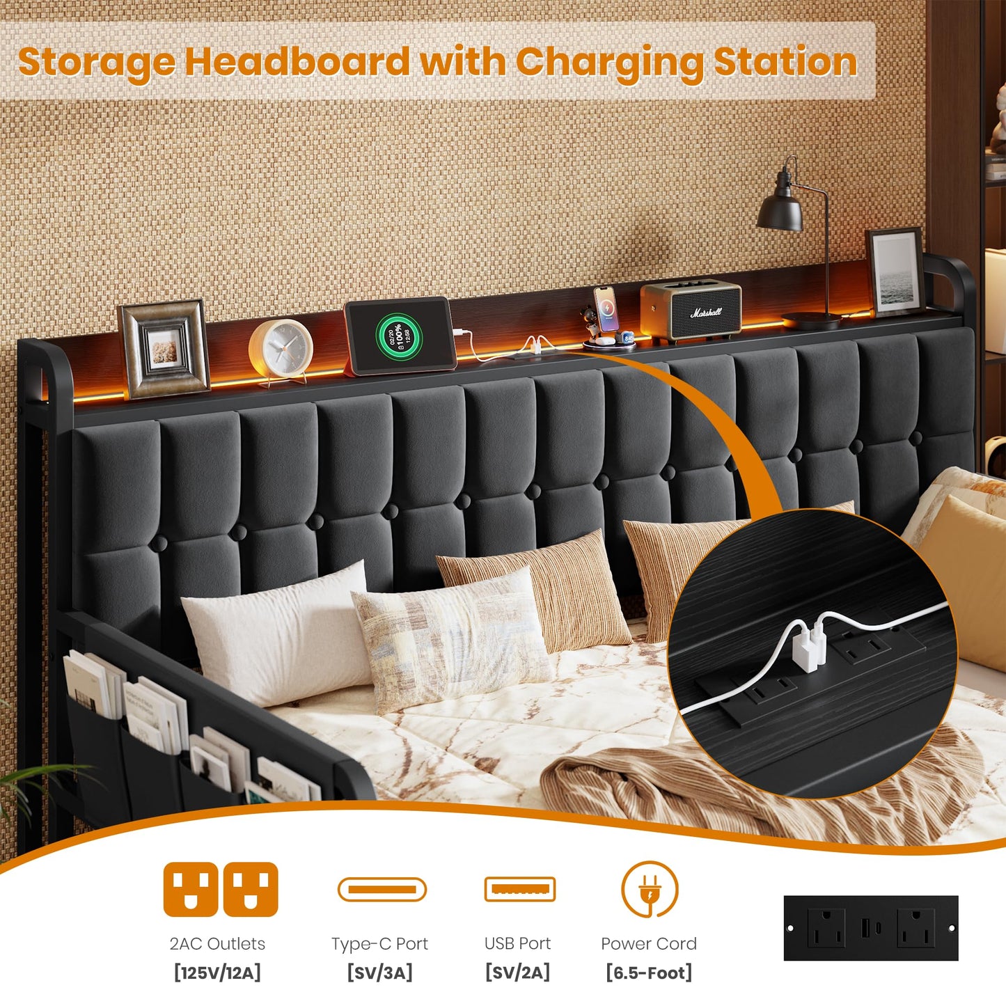 Daybed with Trundle, Metal Twin Bed Frame with Upholstered Storage Headboard, Charging Station & LED, Sofa Day Bed with Pop Up Trundle, Side Pockets, Sturdy Supports for Living Room and Bedroom, Black