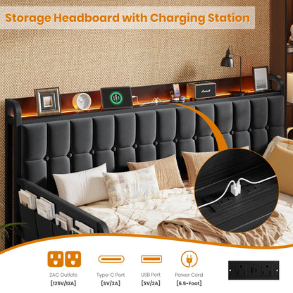 Daybed with Trundle, Metal Twin Bed Frame with Upholstered Storage Headboard, Charging Station & LED, Sofa Day Bed with Pop Up Trundle, Side Pockets, Sturdy Supports for Living Room and Bedroom, Black