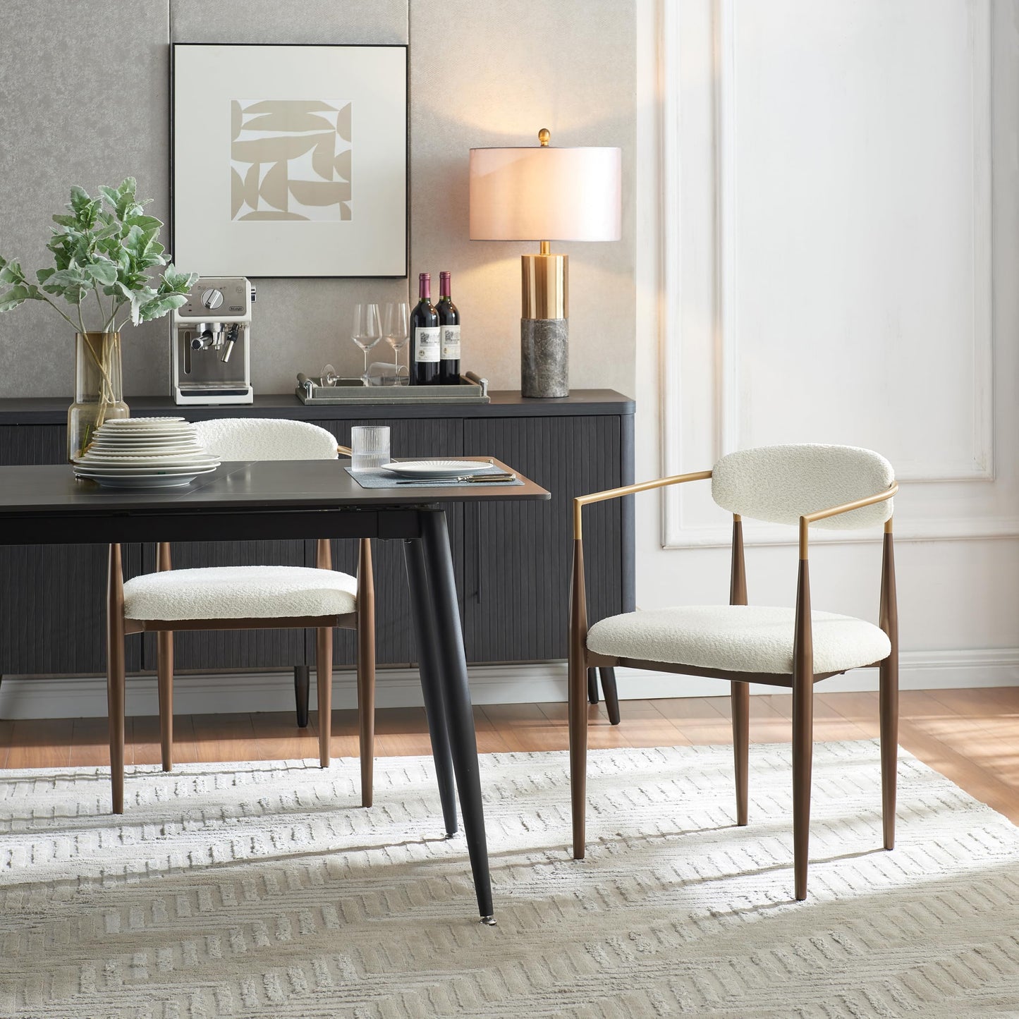 Christopher Knight Home Set of 2 Jetson Modern Curved Open Backrest Fabric Upholstered Dining Chairs, Side Chair for Dining Room/Kitchen, Iron Toothpick Frame, Golden Amrest, White Beige+Gold