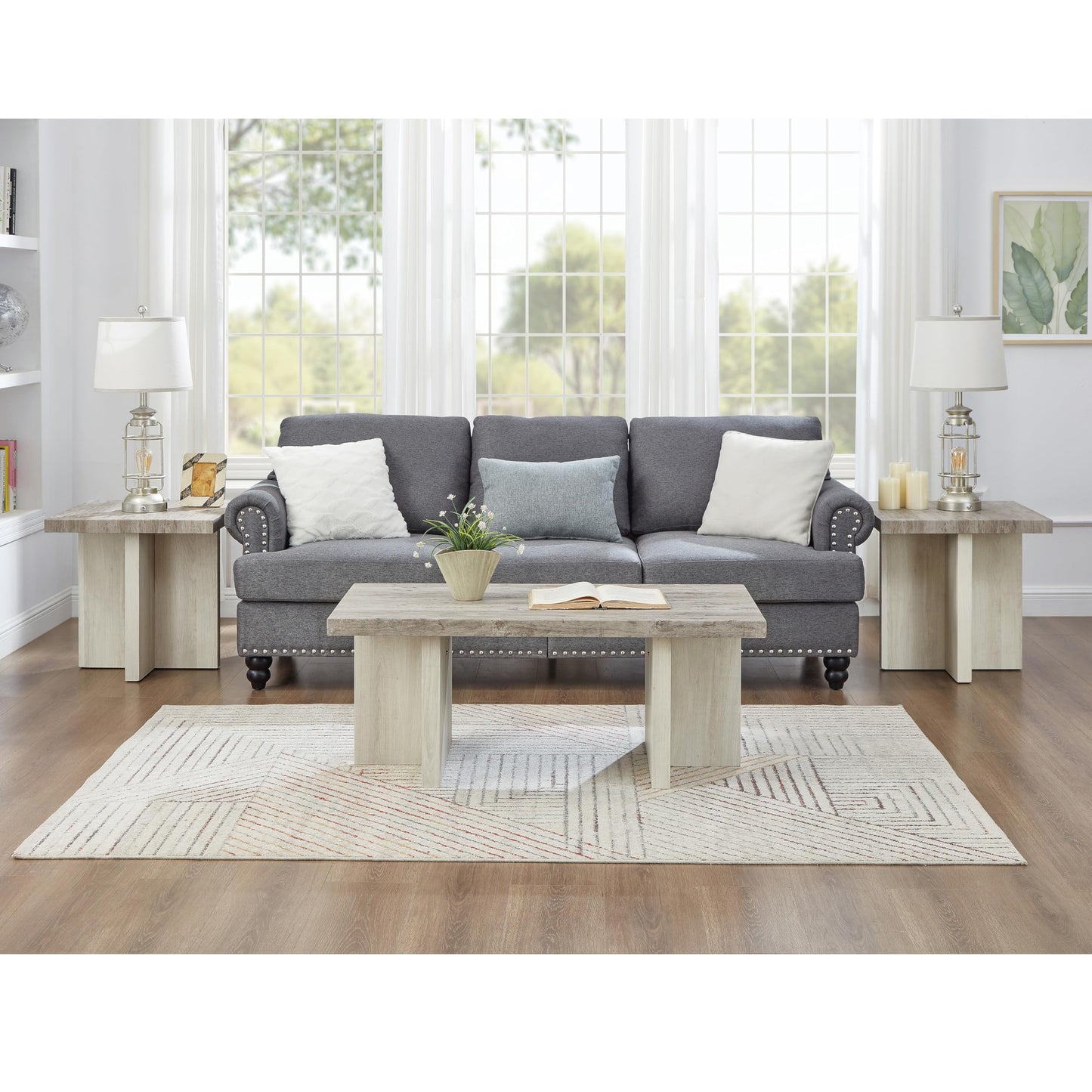 Roundhill Furniture Mchome 3-Piece Coffee Table Set, Coffee Table and Two End Tables, Weathered Gray and Beige