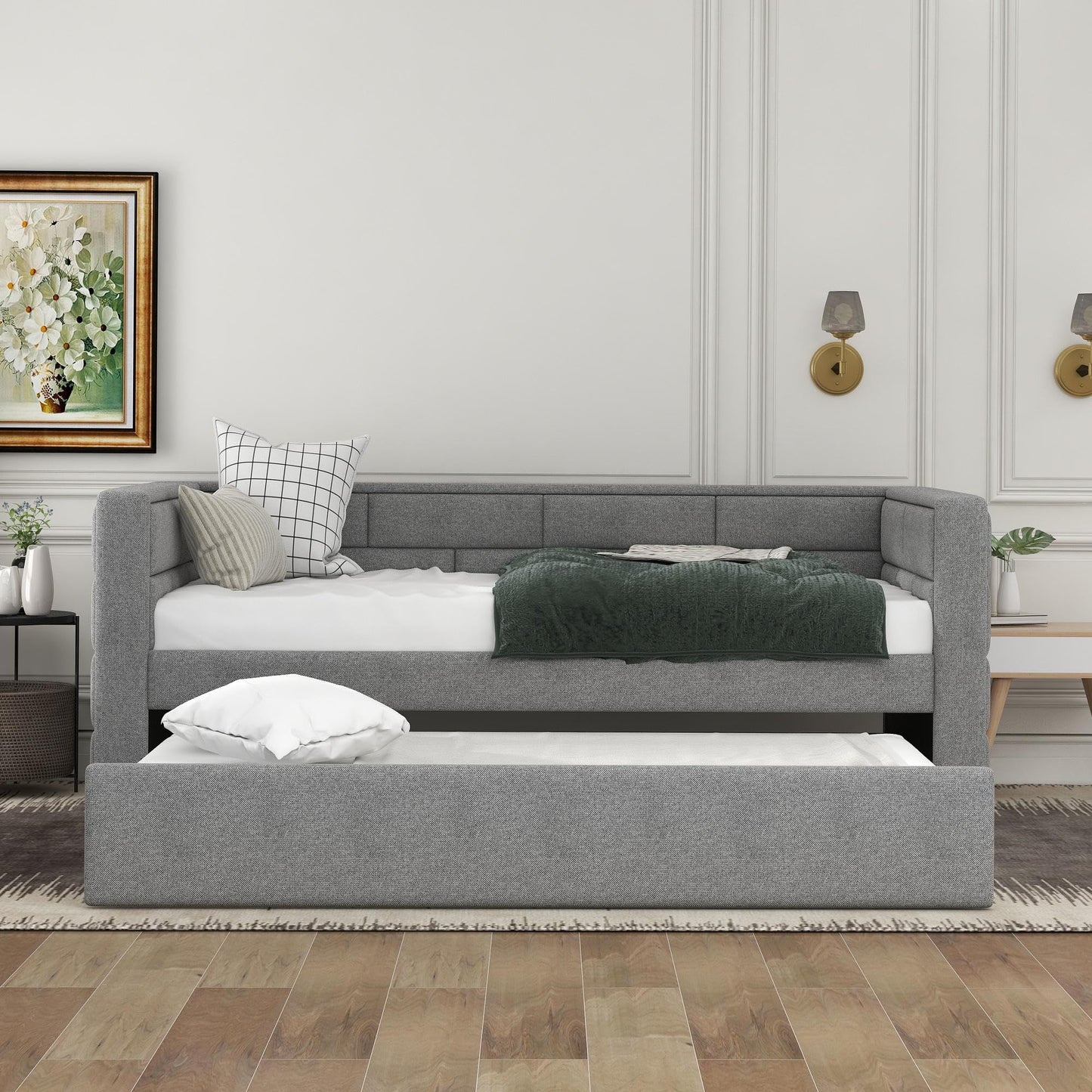 GDFStudio Twin Upholstered Daybed with Trundle, Fabric Daybed Frame with Padded Back and Sides, Pull-Out Sofa Bed for Living Room Bedroom Guest Room, Gray