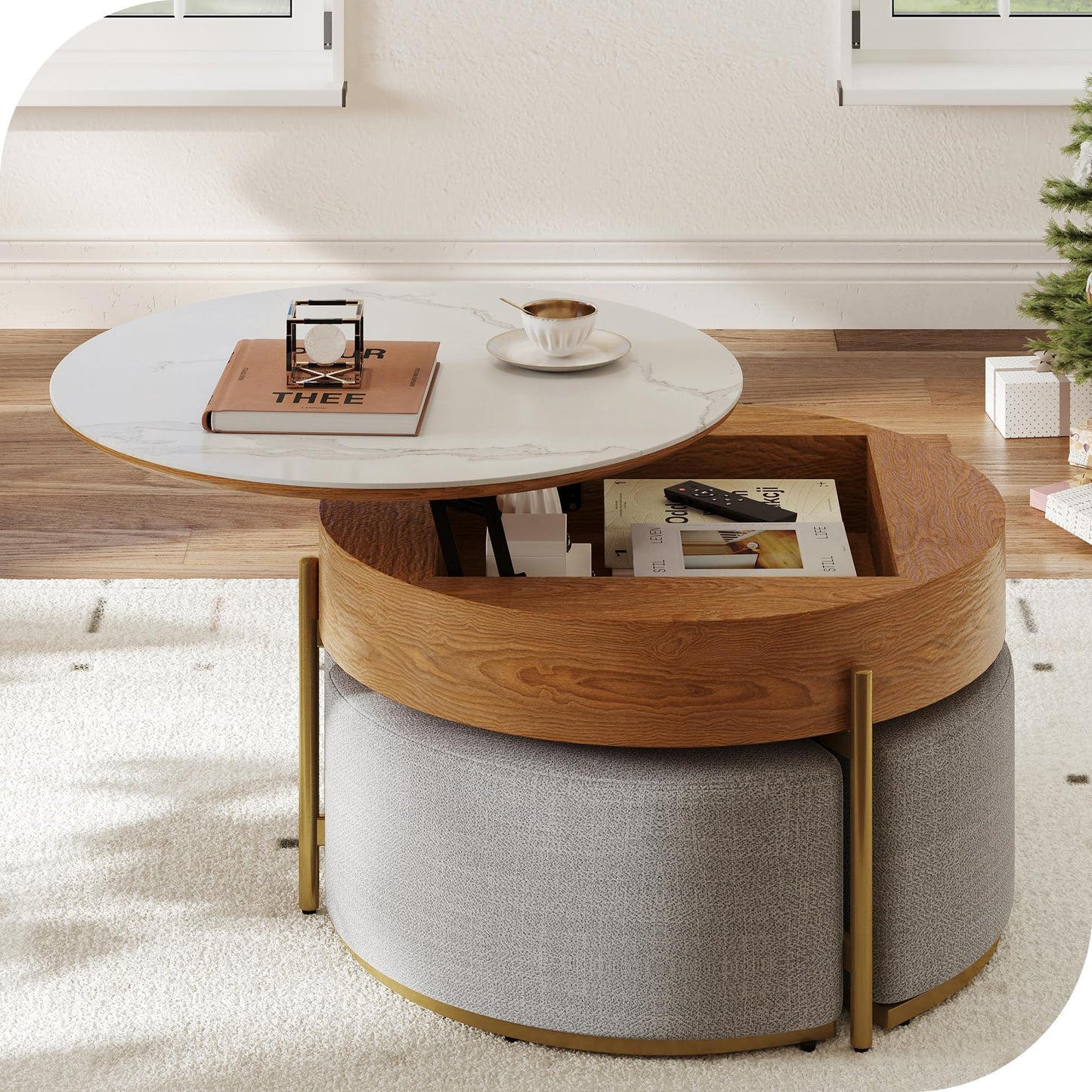 YITAHOME 32" L Round Marbling Pattern Slate Coffee Table with Storage 3 Stools Wood Rustic Boho Lift Top Coffee Table Set for Living Room