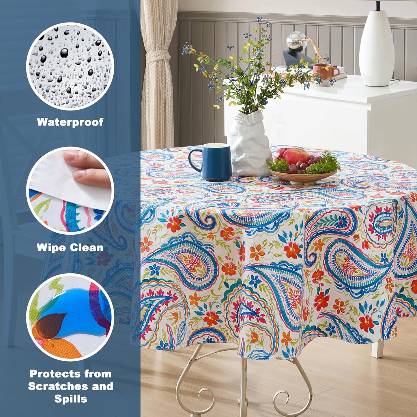 Newbridge Boho Chic Paisley Vinyl Tablecloth with Flannel Backing, 70 Inch Round, Blue Red Pink Floral Print