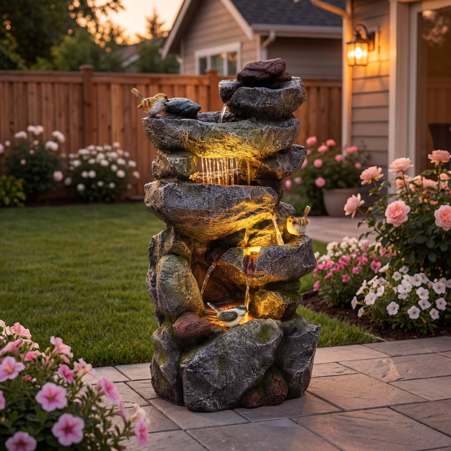 Ultym 31.5" Multi-Tier Rock Outdoor Water Fountain with LED Lights, Cascading Waterfall with Birds for Garden Patio Porch, Weather-Resistant Resin Water Feature for Tranquil Oasis