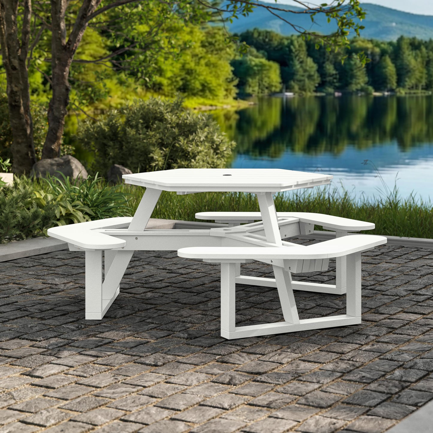 Shoreline Made in USA Hexagon Picnic Table, Seating for 6, Coconut White