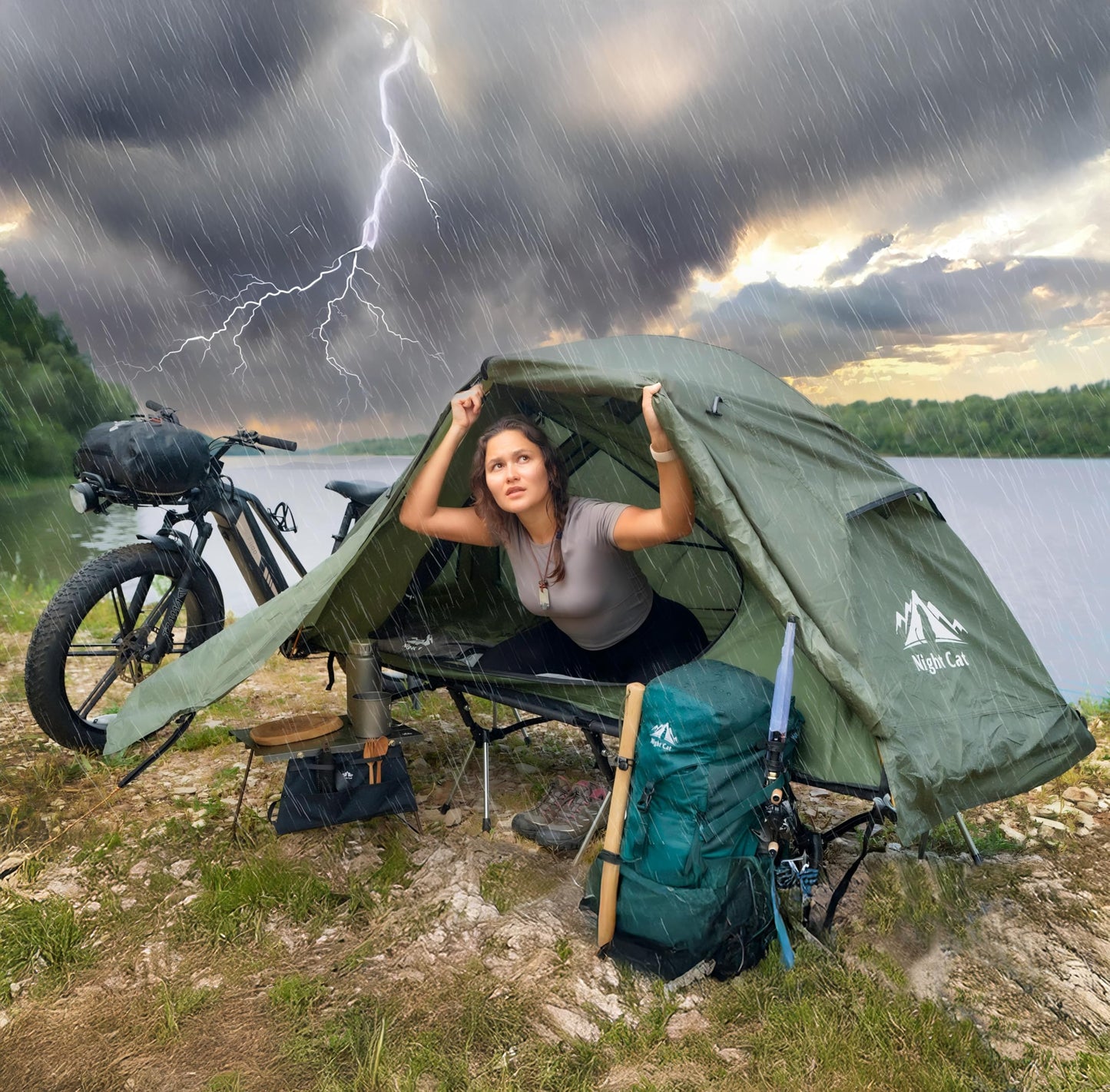 Night Cat Camping Cot Tent with Self-Inflatable Camping Pillow 1-Person Off-Ground Combo Cot Bed for Adults Portable Easy Set-up Tent