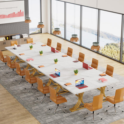 Tribesigns 10.5FT Conference Table, Modern Meeting Table for 8-10 People, Rectangle Seminar Boardroom Table for Office Conference Room with Stylish Legs (4, White + Gold)