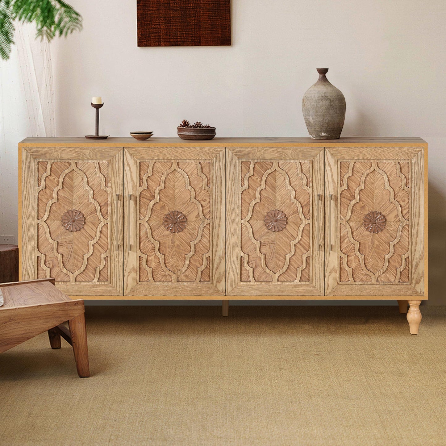 ERYE Mid-Century Modern Carved Flower 4-Door Functional Buffets Sideboard with Shelves and Metal Handles Accent Perfect for Kitchens, Dining Room, Entryway,Living Space