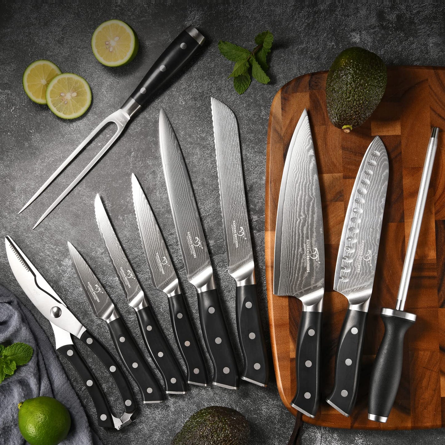 NANFANG BROTHERS 18-Piece Damascus Kitchen Knife Sets, 67-layer Japanese Damascus Steel Heat-Treated and Forged, ABS Ergonomic Handle, Ultra Sharp Chef Knife Block Set with Sharpener
