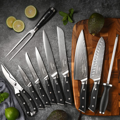Knife Block Set, 18-Piece Damascus Kitchen Knife Sets with VG10 Core Blades, 67-Layer Damascus Steel, ABS Ergonomic Handle, Compact Knife Block Design, Suitable for Placement in Small Spaces