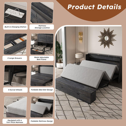 Bellemave Full Murphy Bed with Mattresses and Charging Stations and Storage Drawer, Farmhouse Murphy Cabinet Bed with Foldable Panel, Noisy Free, for Guest Bedroom, Living Room, Carbon Black