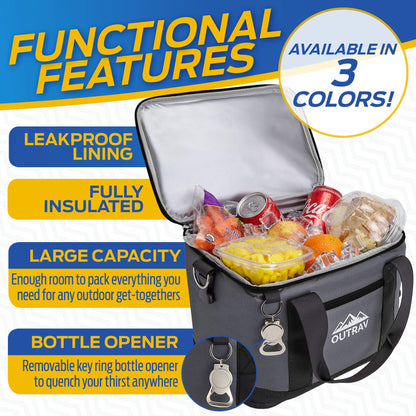Black Insulated Cooler Bag – 6L Collapsible Thermal Lunch Bag with Bottle Opener, 16 Can Capacity – Perfect for Camping, Picnics and Travel - Handles and Removable Shoulder Strap - by Outrav