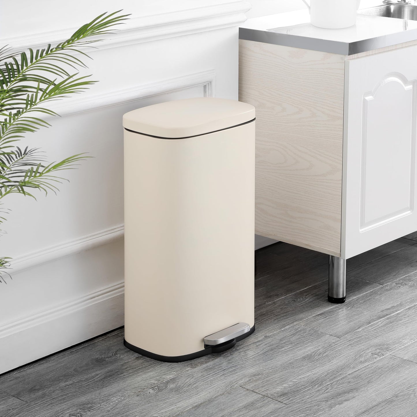 happimess HPM1011I Curtis 8-Gallon Step-Open Trash Can, Fingerprint Resistant, Modern, Minimalistic for Home, Kitchen, Laundry Room, Office, Bedroom, Bathroom, Limestone Beige