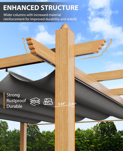 GarveeLife 10x13 ft Outdoor Pergola with Retractable Canopy Upgraded Outdoor Aluminium Pergola, Faux Wood Grain Metal Patio Gazebo for Modern Backyard Deck for Porch, Awning, Grape Trellis, Grey