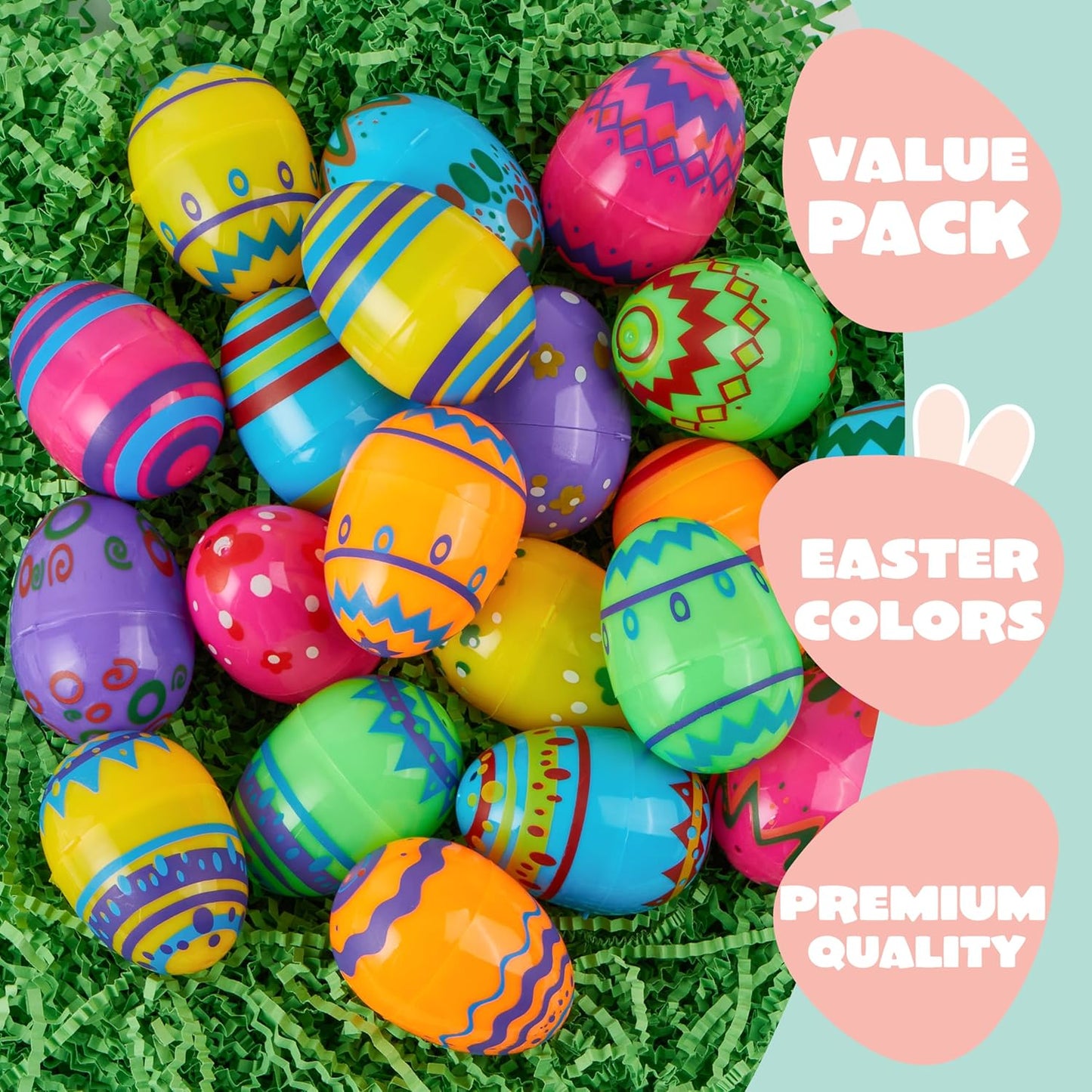 36PCS 2.3" JOYIN Printed Empty Colorful Plastic Eggs Fillable, Bright Plastic Eggs Bulks for Festival Hunt, Filling