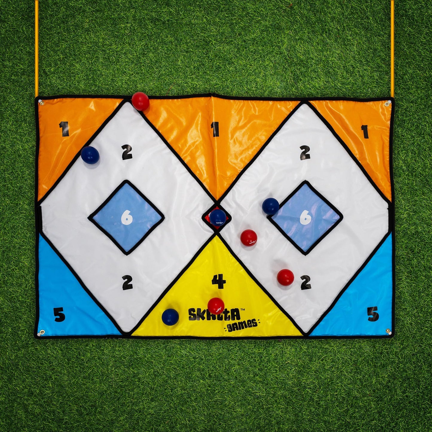 Skatta Games Skatta Ball Premium Yard Game Set - Outdoor Bocce and Shuffleboard Hybrid Lawn Play for Adults & Family - Weatherproof Backyard Beach Activity Kit with 2 Target Boards, 8 Rolling Balls