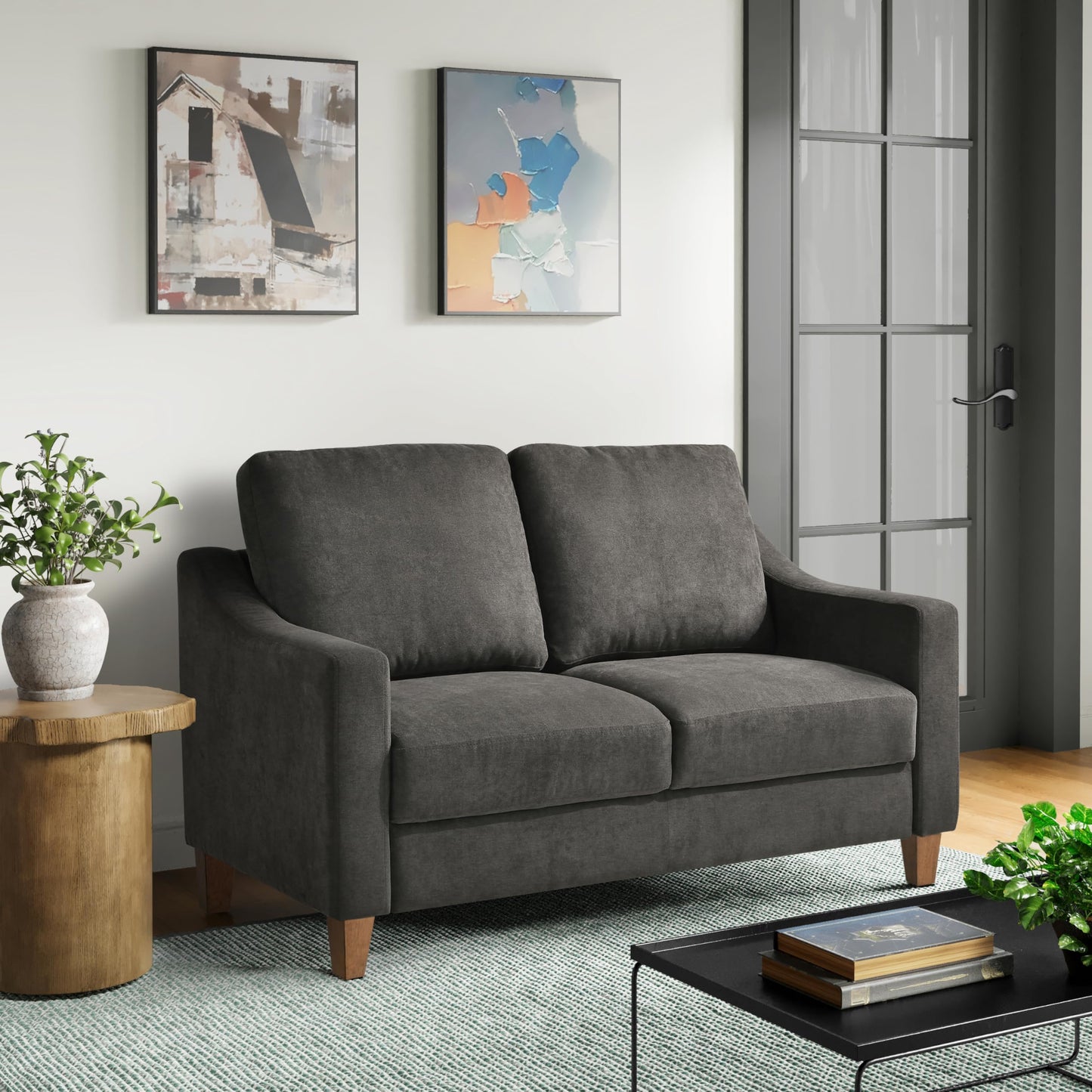 Serta® Armstrong 52" Soft Modern Sofa, Sloped Track Arms, Solid Wood Legs, Easy Assembly, Dream Coil® Comfort, Soft Woven Polyester Fabric, Gray