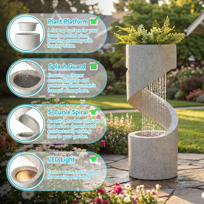 Glitzhome Outdoor Water Fountain with LED Light, Decorative Tiered Curved Waterfall Fountain with Stone Planter, Faux Terrazzo Spiral Shaped Outdoor Fountains for Garden Deck Patio Porch, 31.25”H