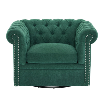 Christopher Knight Home Oakley Chesterfield Fabric Upholstered Club Chair, Button-Tufted 360° Swivel Sofa, Scrolled Arm Living Room Sofa, No Assembly Required Furniture, Dark Green