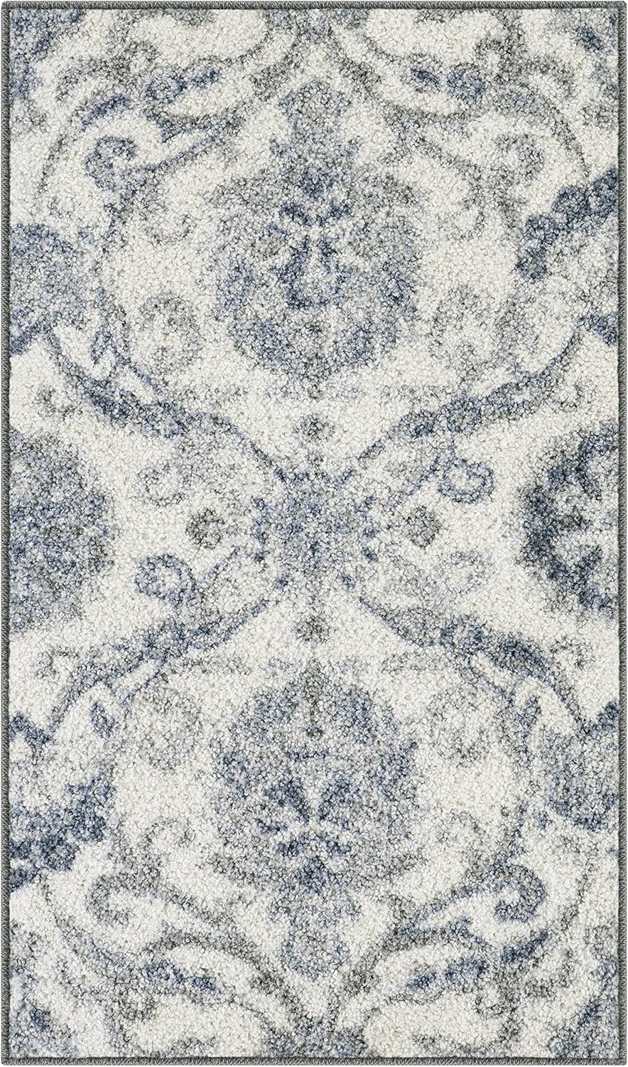 Maples Rugs Blooming Damask Area Rugs, Washable Non Slip Indoor Carpet for Entryway, 1'8 x 2'10, Grey/Blue