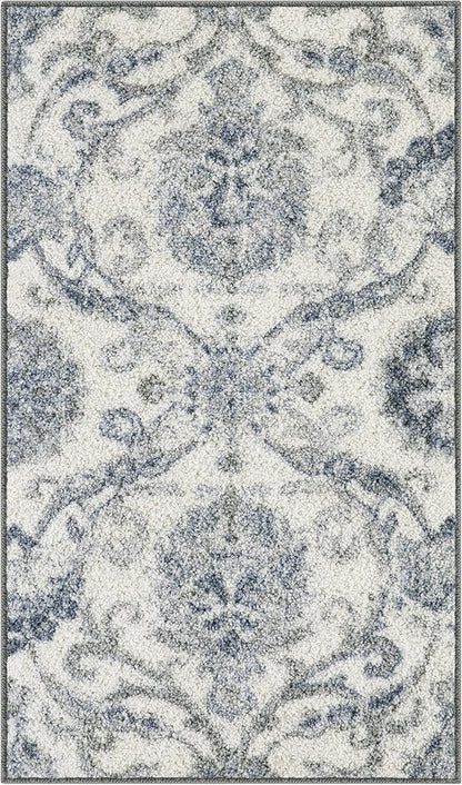 Maples Rugs Blooming Damask Area Rugs, Washable Non Slip Indoor Carpet for Entryway, 1'8 x 2'10, Grey/Blue