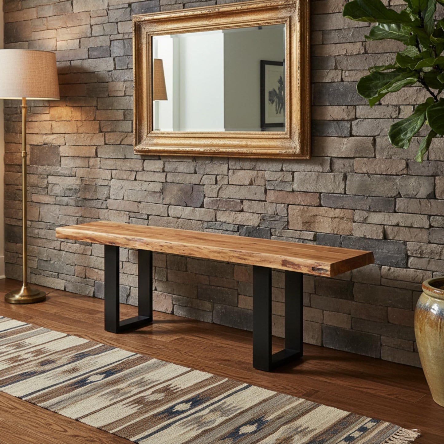 Alaterre Furniture Alpine Solid Wood Entryway Bench - 48 Inch Industrial Modern Bedroom Bench with Live Edge and Metal Legs - Furniture for Entryway, Dining Room, Kitchen, or Bedroom