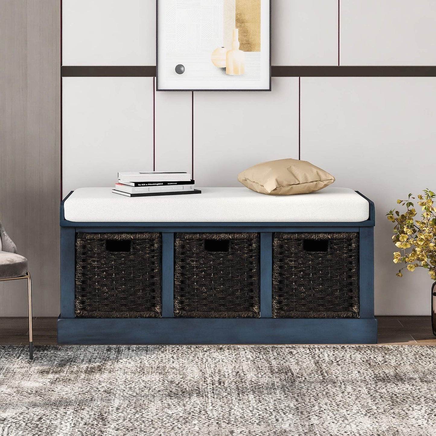Merax Farmhouse Solid Wood Entryway Bench with Seat Cushion Multifunctional Storage Bench for Hallway Living Room Bedroom (Antique Navy)