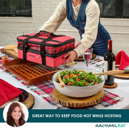 Rachael Ray Expandable Insulated Casserole Carrier for Hot or Cold Food, Thermal Lasagna Lugger Tote for Potluck, Parties, Picnic, and Cookouts, Fits 9" x 13" Baking Dish, Red Buffalo Check
