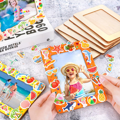 Fovths 24 Packs Summer Picture Frame Painting Craft Kit with 150 Stickers 2 Rhinestone Stickers Painting Tools Set 4 Brushes for DIY Kids Crafts Decorate
