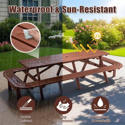 Voryvans 16 Person Wood Picnic Table with Attached Benches & Umbrella Hole,Rectangle Brown Outdoor Wooden Dining Table & Chairs for Patio Yard Garden Porch Deck