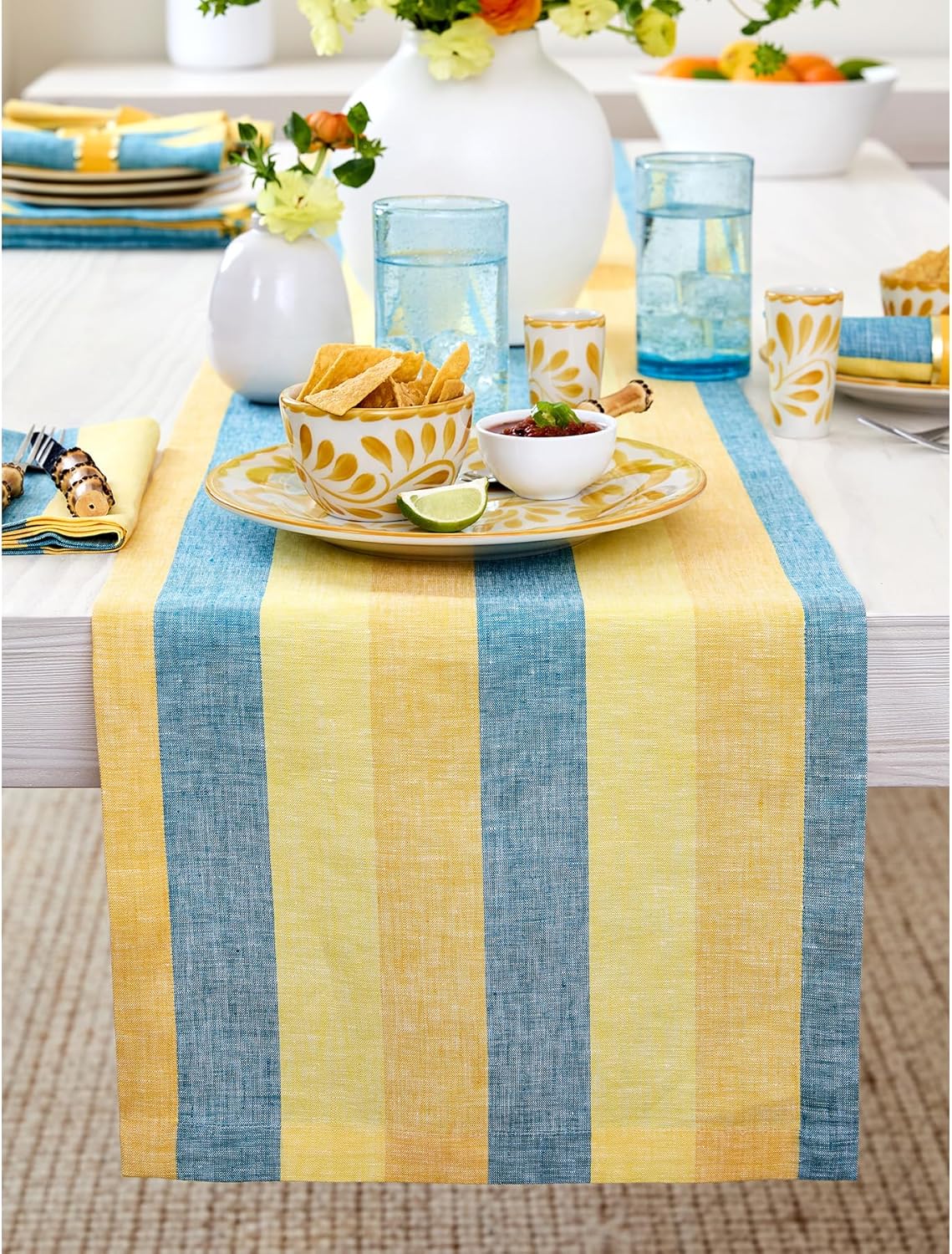 48 Inches 100% Summer 14 48 Inch Summer Solino Home Linen Table Runner - Cabana Stripe, Pure Linen Bright Stripe Small