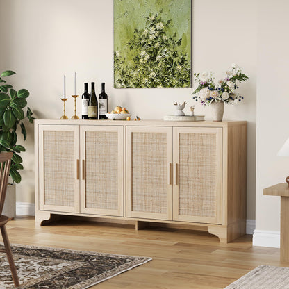 IDEALHOUSE Natural Rattan Sideboard Buffet Cabinet with Storage, Farmhouse Large Rattan Cabinet with 4 Doors, Wood Accent Coffee Bar Buffet Console Tables for Kitchen Living Room Entryway