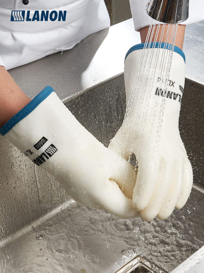 LANON Liquid Silicone Gloves, Heat Resistant Oven Gloves with Fingers, Food Grade, Waterproof, White, Large