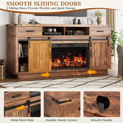 Jocoevol 58" Farmhouse Electric Fireplace TV Stand for TVs up to 65", Entertainment Center with 2 Large Storage Drawers, Sliding Barn Doors, Adjustable Shelves, TV Console for Living Room - Brown