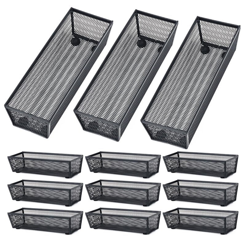 Neudeco Silverware Organizer,Mesh Drawer Organizer for Kitchen，Metal Utensil Organizer for Flatware, Knives, Spoons,Cosmetic (Black 9 * 3 * 2 inch Pack12)