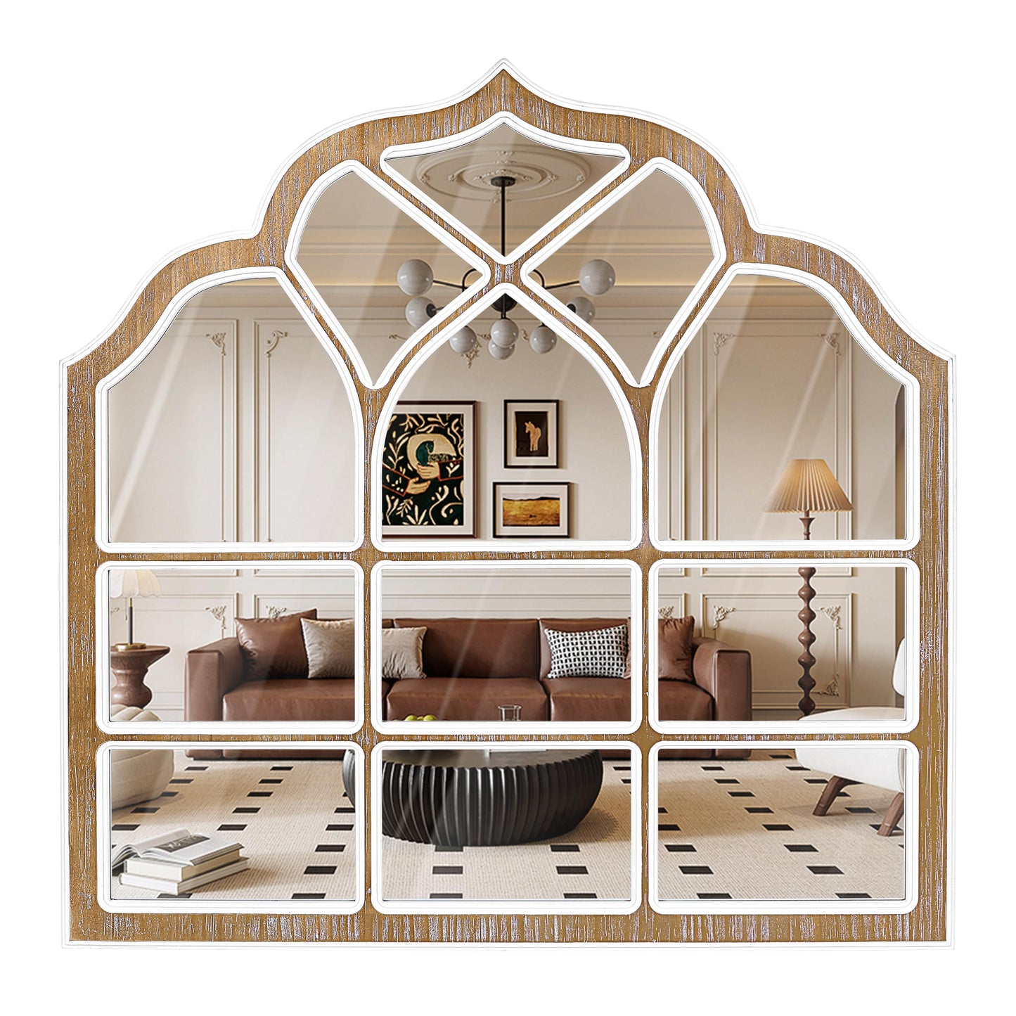 XGGJWW 36x36 Inch Window Pane Wall Mirror, Farmhouse Gothic Arched Mirror, Rustic Decorative Cathedral Mirror for Living Room Entryway Home Decor