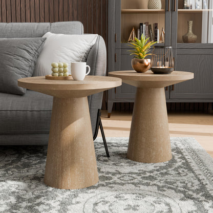Furniture of America Crambel Modern Solid Wood 2-Piece Brown 29-inch Round End Table Set with Cone-Shaped Pedestal Base for Small Space, Living Room, Home Office, Oak