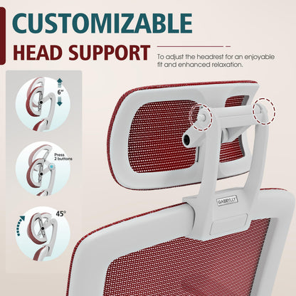 GABRYLLY Ergonomic Office Chair, High Back Home Desk Chair with Headrest, Flip-Up Arms, 90-120° Tilt Lock and Wide Cushion, 300LBS Mesh Chairs for Man Woman, White Task Chair(Red,GY01WR)