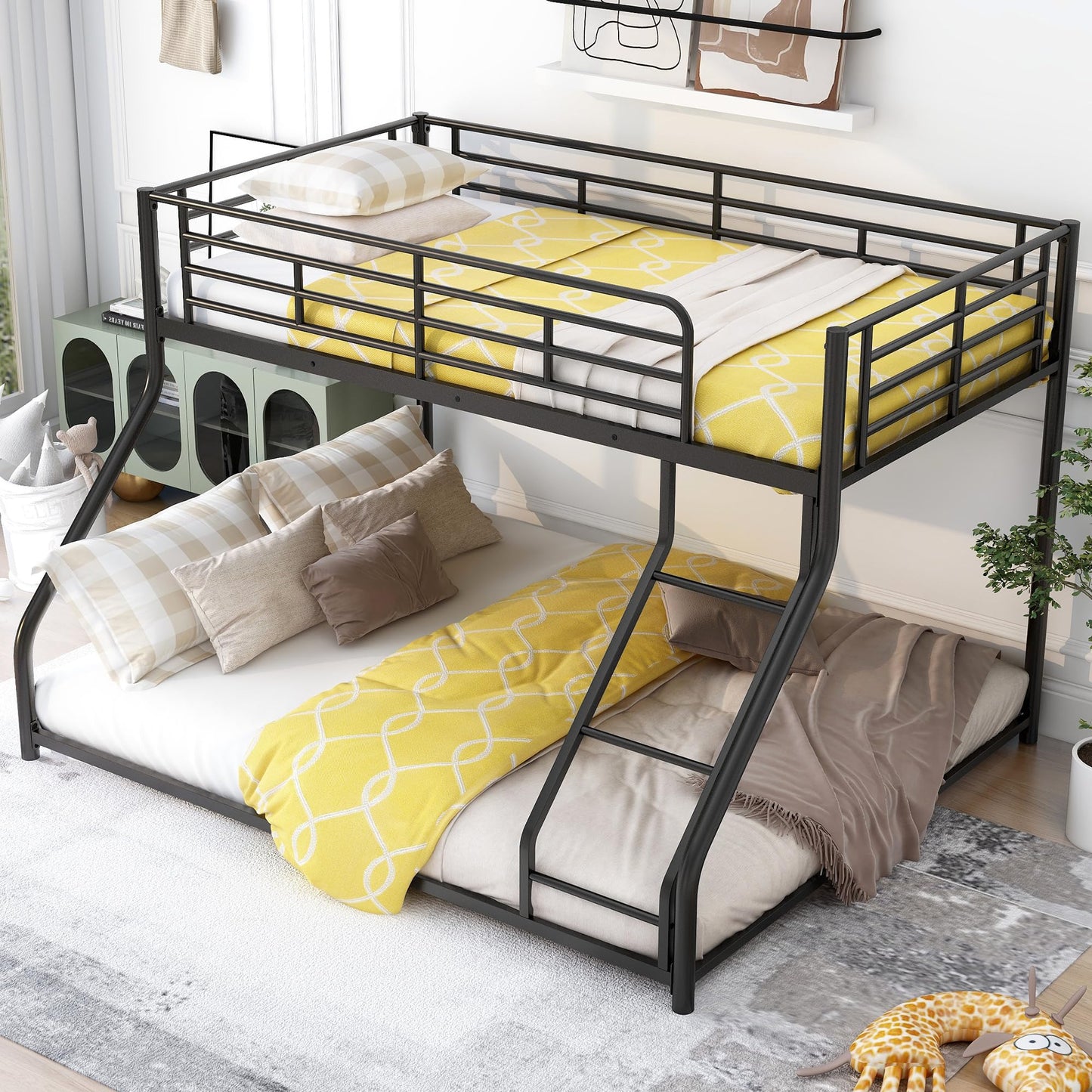 Favfurish Twin XL Over Queen Metal Floor Bunk Bed with Sloping Stairs and Safety Guardrails for Bedroom,Guest Rooms, No Box Spring Needed, Simple to Assemble,Black
