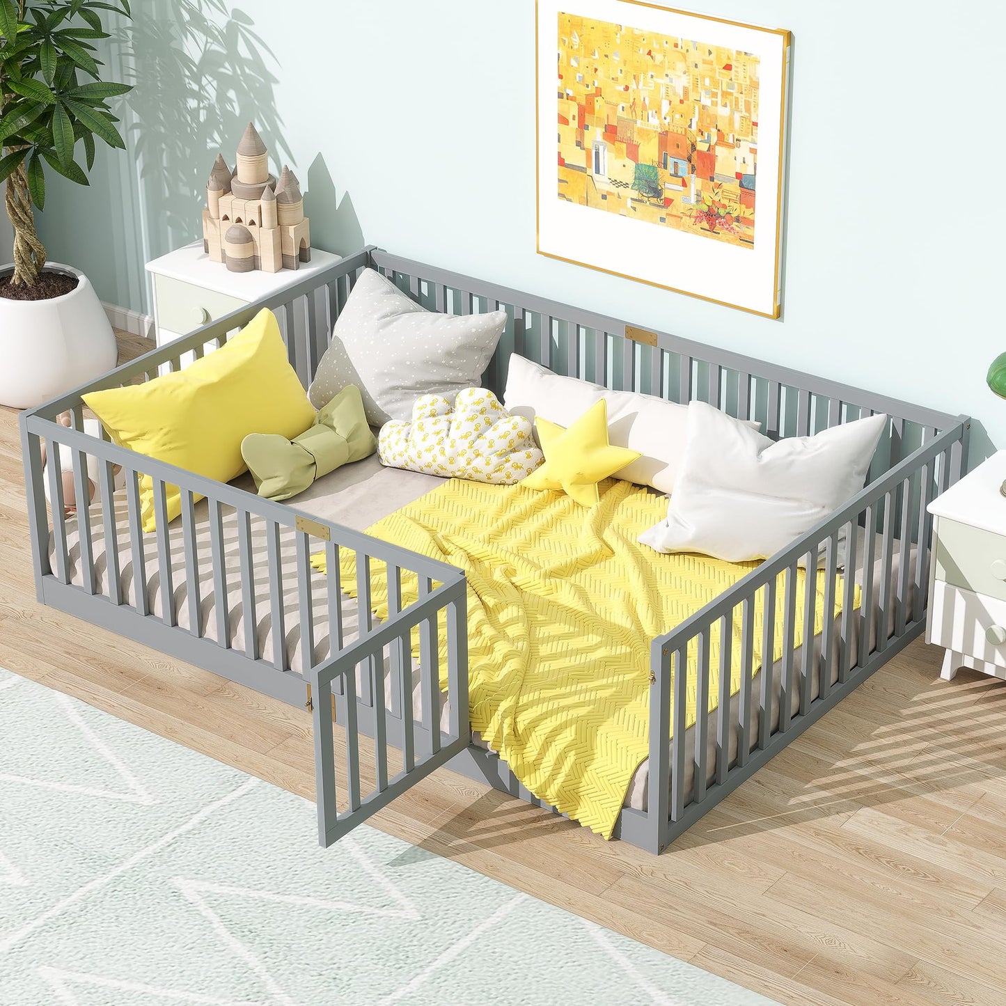 KEIKI Full Floor Bed Frame with High Fence Guardrail, Solid Wood Montessori Kids Bed, Pine Wood Platform Floor Bed with Storage Racks, White